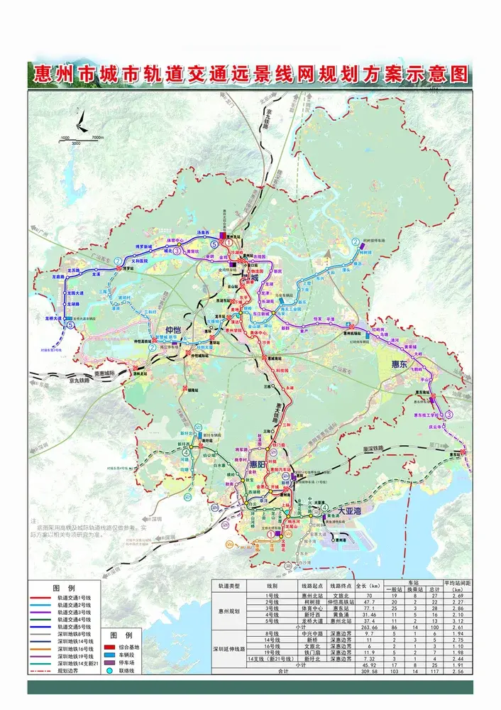 5号线:组团间加密线路,串联博罗核心区,龙溪片区与惠州北高铁站,预留