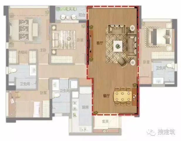 万科135㎡4房3卫的双套房户型