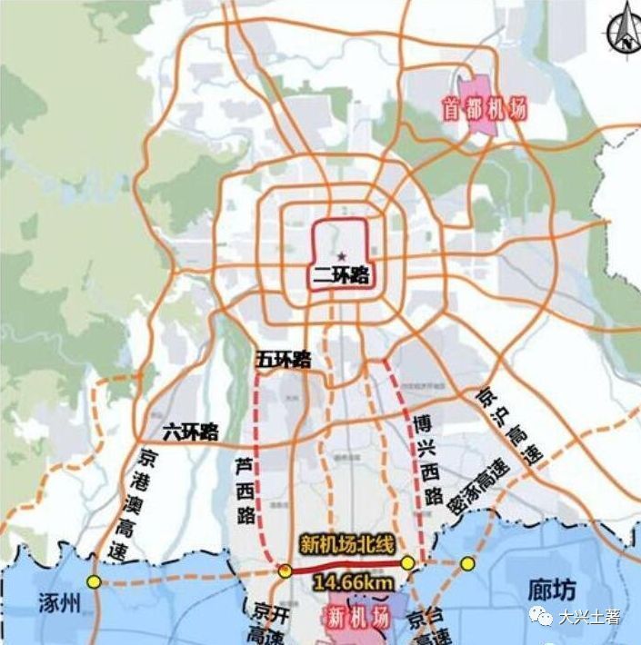 新机场北线高速公路双向延长后,将横向贯穿北京大兴全境,相当于给