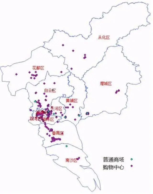 广州超市以普通超市为主,知名连锁超市占比不足10%,且多位于中心五区
