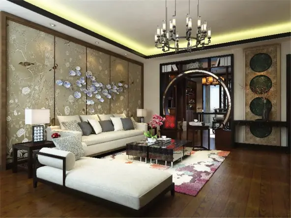 客厅电视墙大理石,沙发背景墙中式的画布,书房多宝阁和书架,中式装饰
