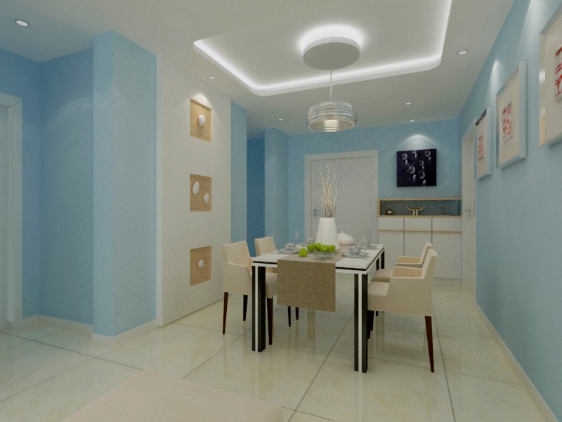 此户型设计风格为现代简约,客厅与餐厅墙壁通体淡蓝色乳胶漆,与原木色