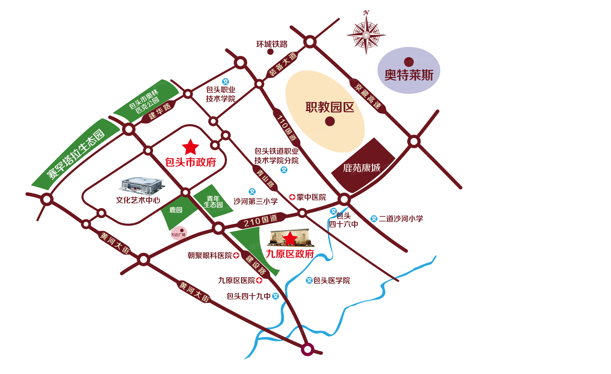 110國道與210國道交匯向北1000米 23路,24路,5路等轉47路包頭藝術學校