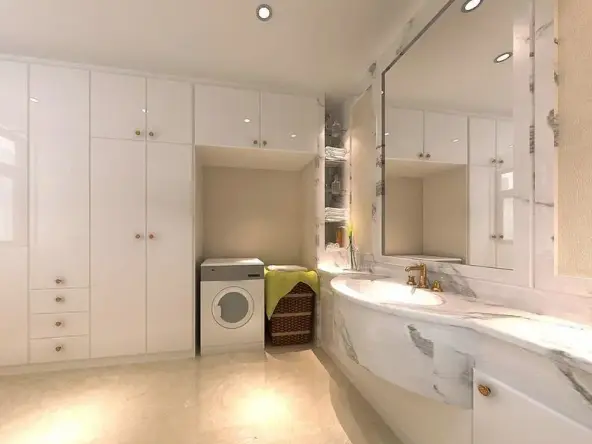 卫生间利用一整面墙的收纳衣柜,打造空间里的强收纳功能,并巧妙的将