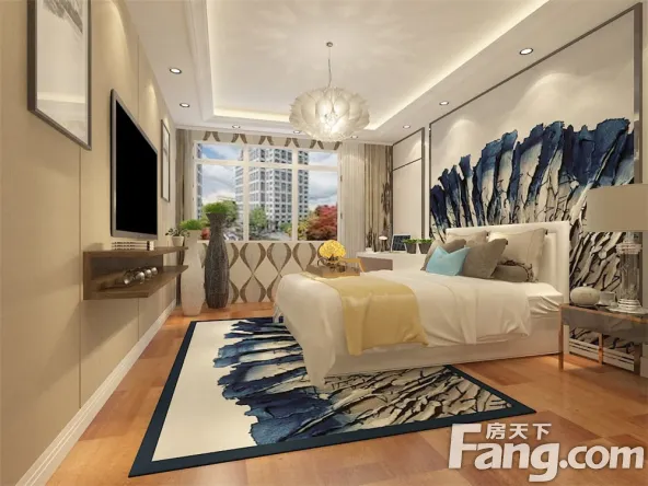 主卧室背景墙用蓝色画做装饰,墙用592_444